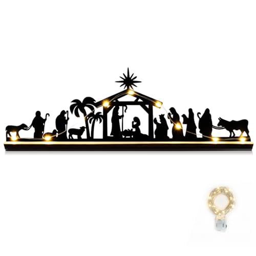 Black Metal Nativity Scene Silhouette Centerpiece with Wooden Base