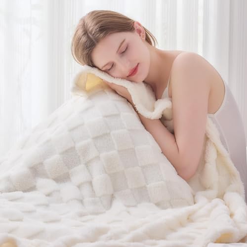 NEWCOSPLAY Ivory Checkered Flannel Throw Blanket 50x70 - Reversible Soft Cozy Bed Couch Decor