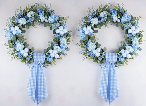 Blue and White Checkered Wreath Sash (2-Pack) - 54" Plaid Front Door Ribbon