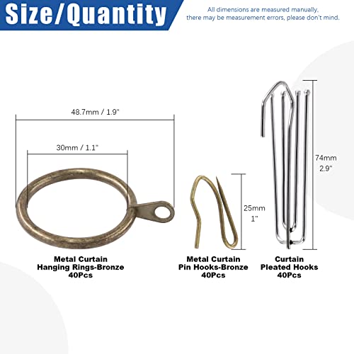 120-Piece Antique Bronze Curtain Rings and Pleat Hooks Set, 30mm Diameter