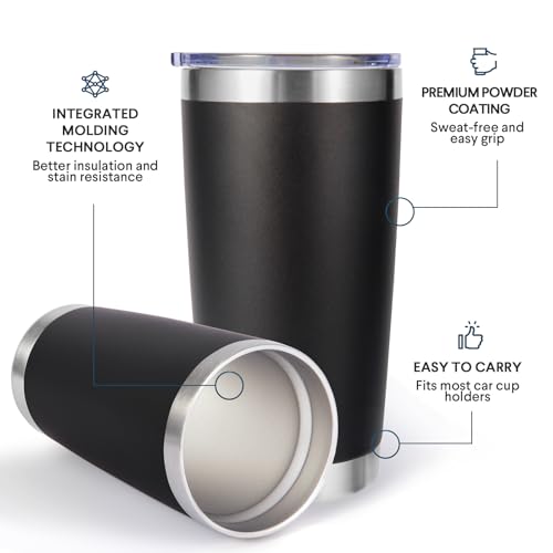 20oz Stainless Steel Travel Mug with Lid & Straw - Double Wall Insulated, Fits Car Cup Holders, Black