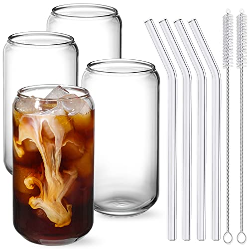 16oz Can-Shaped Drinking Glasses with Glass Straws, 4-Piece Set
