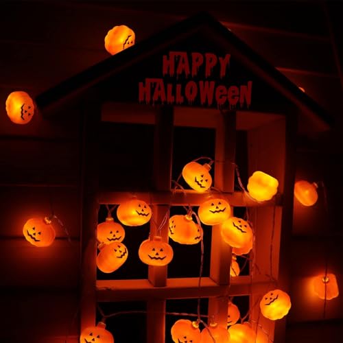 Halloween Pumpkin String Lights - 10ft 20 LED Battery Operated Jack-O-Lantern