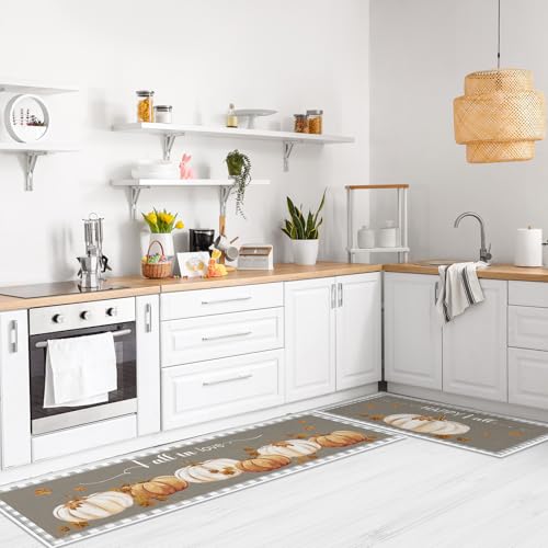 3-Piece Fall Pumpkin Kitchen Rug Set, Non-Slip Autumn Harvest Floor Mats