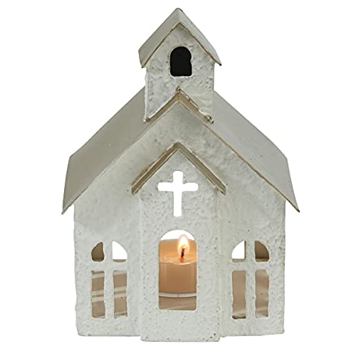 Rustic White Metal Church Tea Light Candle Holder with Cross Cutout