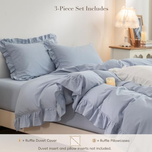 Ruffle Duvet Cover Set Queen - 100% Washed Cotton, 3 Pieces