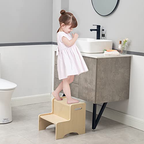 Beige Wooden Toddler Step Stool with Handles - Non-Slip Two Step Kids Stool for Bathroom & Kitchen