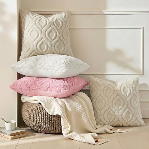 decorUhome Faux Fur Throw Pillow Covers 18x18 Set of 2, Soft Beige Velvet