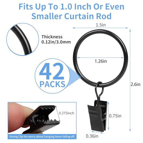 42 Pack Metal Curtain Rings with Clips, 1.26 Inch Interior Diameter, Black