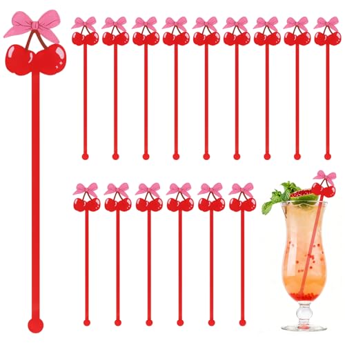 Pink Bow Cherry Cocktail Stirrer Set - 30 Reusable Swizzle Sticks for Drinks & Parties