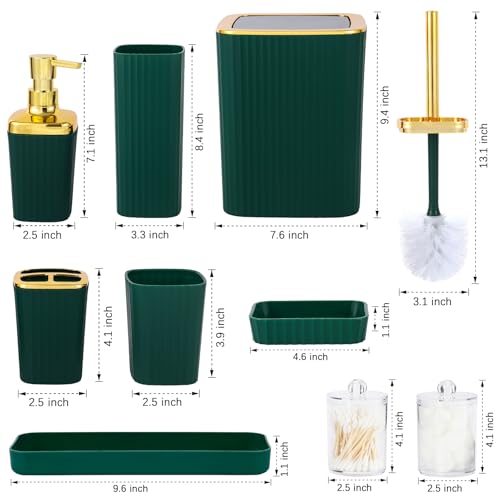 9-Piece Dark Green Bathroom Accessory Set with Trash Can and Vanity Tray