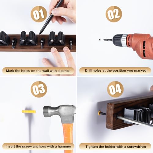 Rustic Wood Broom and Mop Holder Wall Mount with 5 Slots and 4 Hooks