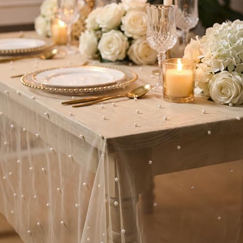 Horaldaily White Beige Pearl Tablecloth 60x104 Inch Rectangular Home Decor