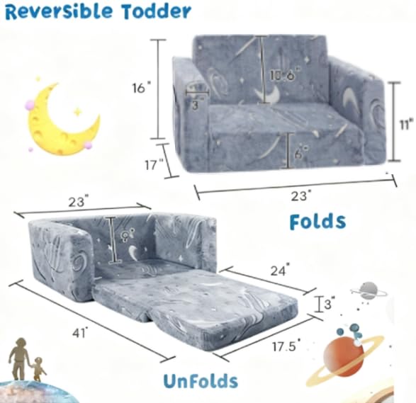 2-in-1 Fold Out Toddler Chair and Kids Sofa Bed - Space Pattern