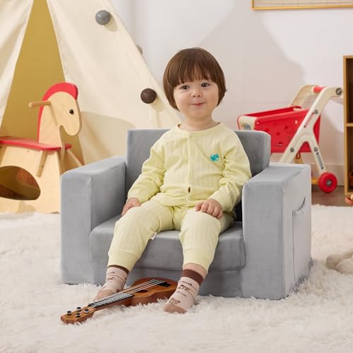 2-in-1 Foldable Toddler Sofa Chair - Grey Velvet Kids Recliner
