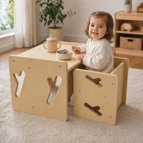 Montessori Toddler Table and Chair Set - Solid Wood, 1 Chair & 1 Table, Safe & Space-Saving