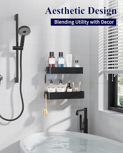 Adhesive Shower Caddy 2 Pack Large Rustproof Black Shower Shelf