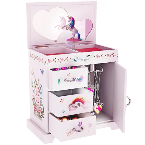 Unicorn Musical Jewelry Box with Spinning Figure and Storage Drawers
