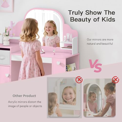 Kids Vanity Table and Chair Set with LED Lighted Mirror and Storage Cabinet