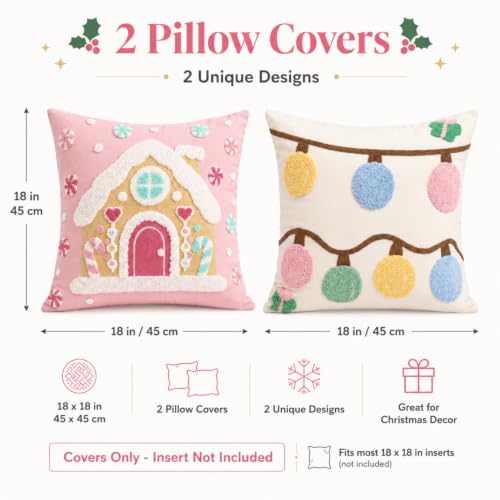 Breling 2 Pack Pastel Christmas Pillow Covers 18x18 inch with 3D Embroidered Designs - Gingerbread & Lights
