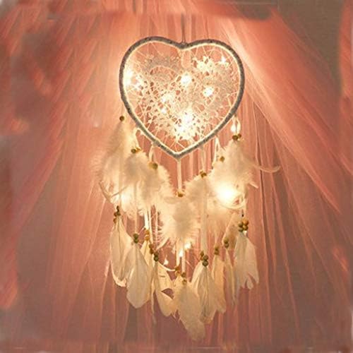 Heart-Shaped LED Dream Catcher Wall Hanging with Feathers and Lights