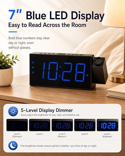 Projection Alarm Clock with 7" Blue LED Display and USB Charging Port