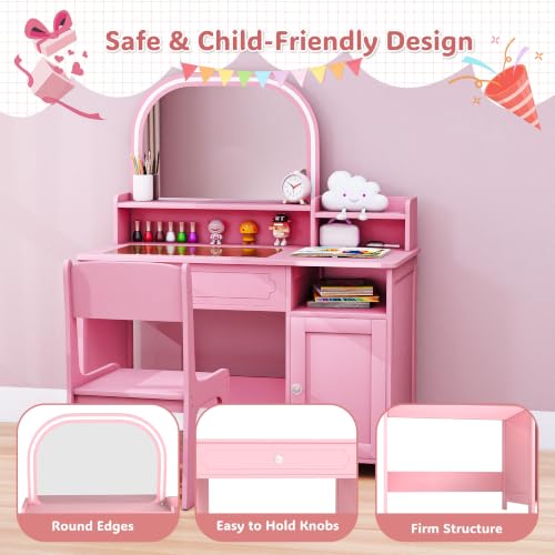 Kids Vanity Set with Mirror, Lights & Storage - Toddler Girl Dressing Table