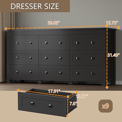 9-Drawer Modern Wooden Dresser and Storage Chest with Metal Handles