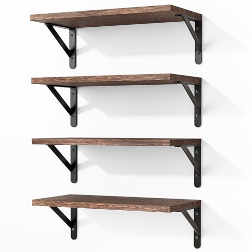 Rustic Wood Floating Wall Shelves - 16.5 Inch, Set of 4 (Brown)
