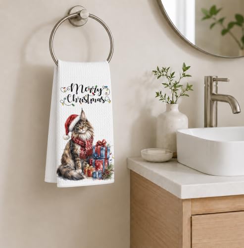 Santa Tabby Cat Christmas Kitchen Towels 16x24in - Merry Christmas Decor
