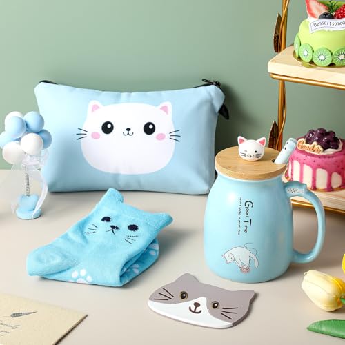 Uiifan Blue Ceramic Cat Mug with Lid & Paw Spoon - Gift Set for Women & Mom