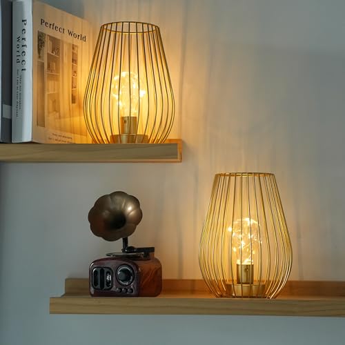 TRIROCKS Gold Metal Cordless Table Lamp Set of 2 - Cage-Shaped Battery Operated Fairy Lights for Indoor & Outdoor Decor