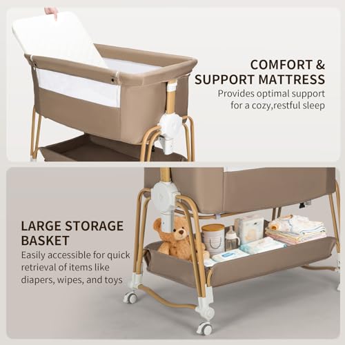 4-in-1 Portable Baby Bassinet Bedside Sleeper with Wheels & Storage - Khaki