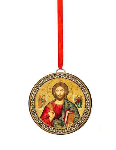 Needzo Holy Family 2-Sided Wooden Christmas Ornament, 2-Inch Orthodox Icon Blessings, Reversible with Red Ribbon