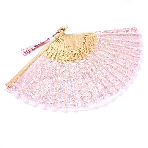Pink Lace Handheld Bamboo Folding Fan with Tassel for Weddings and Parties