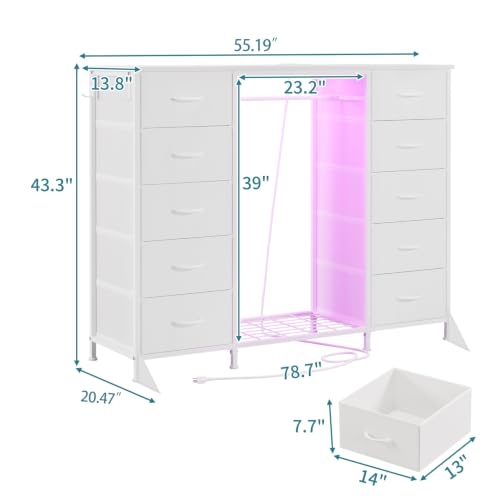 55-Inch Dresser with 10 Fabric Drawers, Hanging Rack, LED Lights & Charging