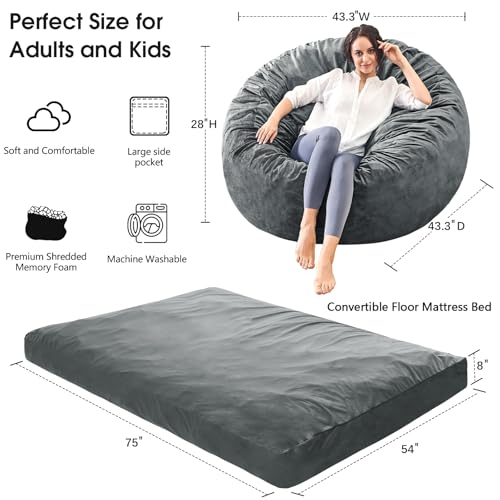 Convertible Bean Bag Chair for Adults, Memory Foam Floor Sofa Bed, Charcoal