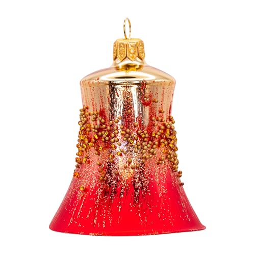 Red & Gold Classic Hand-Blown European Glass Christmas Bell Ornaments Set of 6 (8 cm) - Mouth-Painted