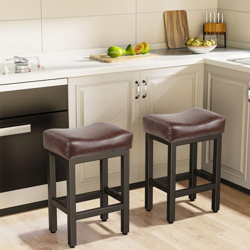 24-Inch Counter Height Bar Stools, Set of 2 Leather Saddle Stools with Metal Base