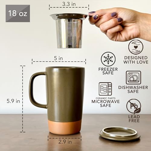 Olive Mora Ceramics Large Tea Mug with Infuser & Ceramic Lid - 18 oz, Rustic Matte Finish
