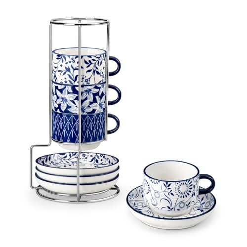 Vancasso 4oz Porcelain Espresso Cups Set of 4 with Saucers & Metal Stand - Stackable Coffee Mugs