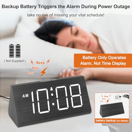 Wooden Digital Alarm Clock with USB Charger - Loud Desk Clock for Bedrooms