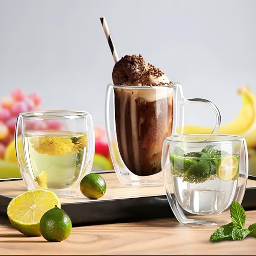 8oz Set of 4 Double Walled Borosilicate Glass Coffee Mugs - Insulated Hot Beverage Cups