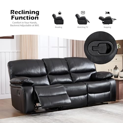 3-Seat Faux Leather Manual Reclining Sofa with Drop-Down Table and Cup Holders