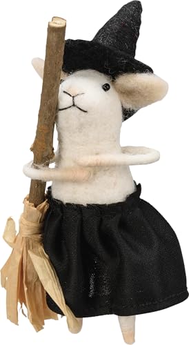 Halloween Felt Witch Mouse Figurine with Broomstick - 5.5 Inch Decor
