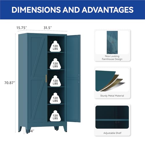 71" Tall Metal Kitchen Pantry Cabinet with Doors & 4 Adjustable Shelves