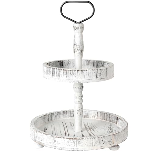 Horse Rustic 2-Tier Wooden Serving Tray, 18.5x12.5 White Farmhouse Cupcake Stand