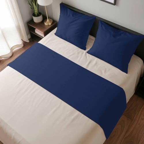 Navy Blue Bed Runner and 2 Pillow Covers Set for Queen Bed - Plush Scarf