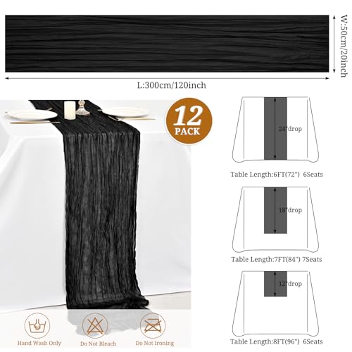 FXKS 12 Pack Black Cheesecloth Table Runner 20 x 120 in - Wrinkled Gauze, Hand Washable