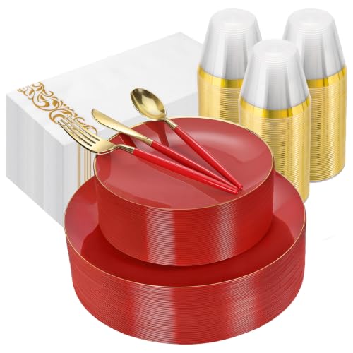 50 Guests Red & Gold Disposable Plastic Plates Dinnerware Set - 350 Pcs